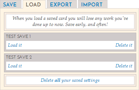 Save, load, import and export your business card design to share it
